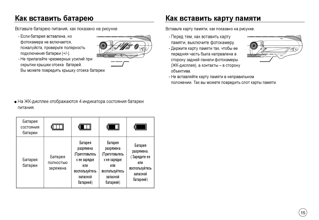 Samsung EC-J45ABDA/EU3 Как вставить батарею, Как вставить карту памяти, Вставьте батарею питания, как показано на рисунке 