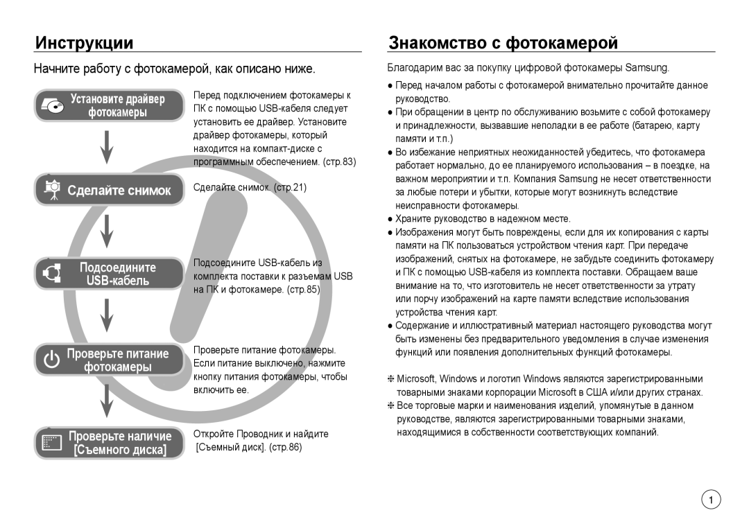 Samsung EC-J45ABDA/EU3 manual Инструкции, Знакомство с фотокамерой, Начните работу с фотокамерой, как описано ниже 