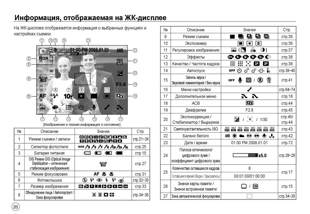 Samsung EC-NV40ZSDA/E3, EC-NV40ZBDA/E3, EC-J45ABDA/EU3, EC-NV40ZBBA/RU manual Информация, отображаемая на ЖК-дисплее, Значки 