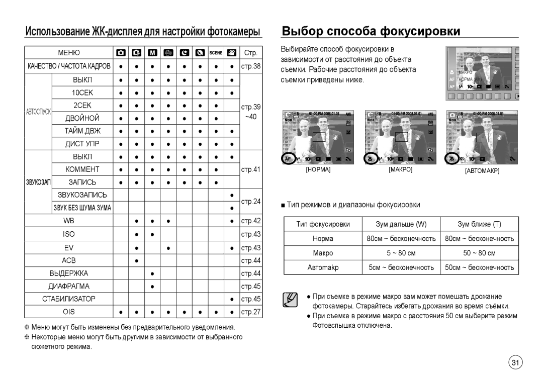 Samsung EC-NV40ZBBA/LV, EC-NV40ZSDA/E3 manual Выбор способа фокусировки, Тип режимов и диапазоны фокусировки, Iso, Ois 