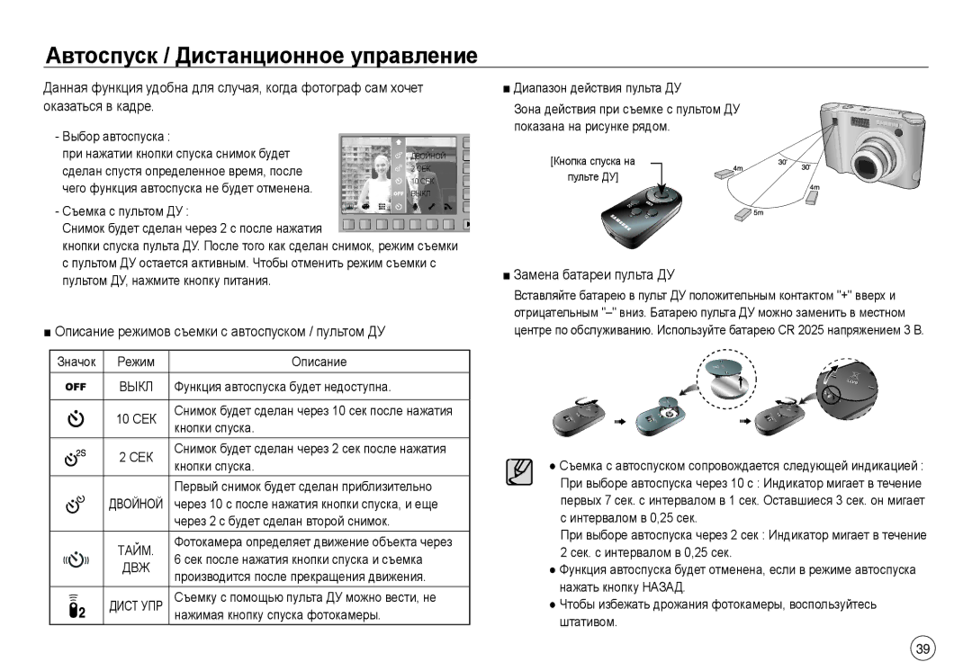 Samsung EC-NV40ZSBA/LV manual Автоспуск / Дистанционное управление, Описание режимов съемки с автоспуском / пультом ДУ 