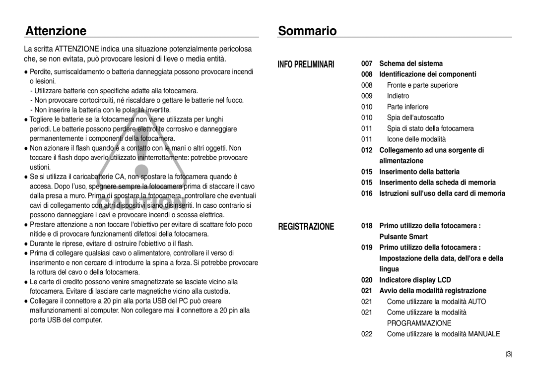 Samsung EC-NV40ZBBB/IT, EC-NV40ZSDA/E3 manual Attenzione Sommario, Come utilizzare la modalità Auto, Programmazione 