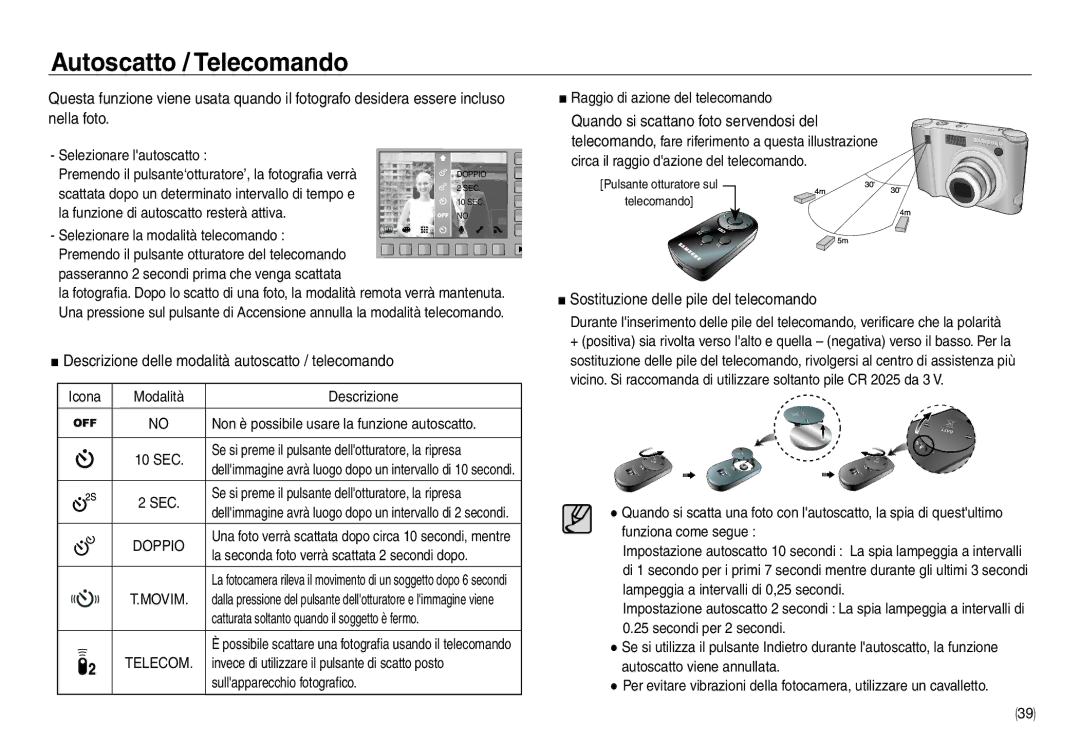 Samsung EC-NV40ZBBB/IT, EC-NV40ZSDA/E3 manual Autoscatto / Telecomando, Descrizione delle modalità autoscatto / telecomando 