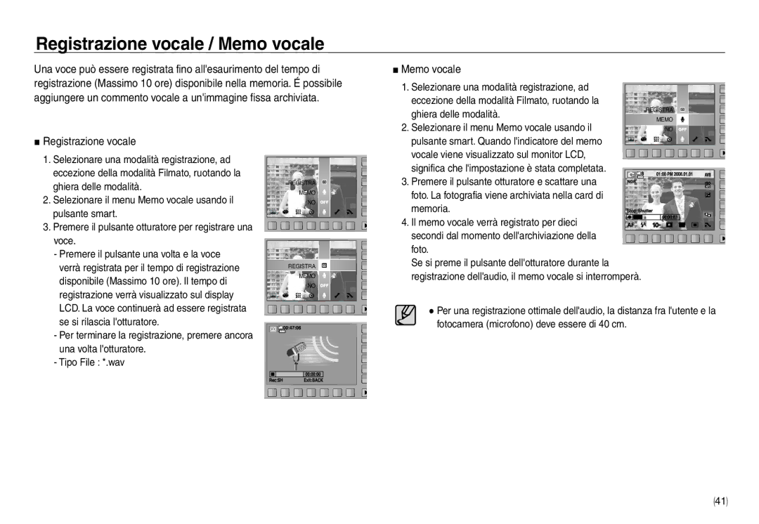 Samsung EC-NV40ZSBA/E1, EC-NV40ZSDA/E3, EC-NV40ZBDA/E3 manual Registrazione vocale / Memo vocale, Ghiera delle modalità 