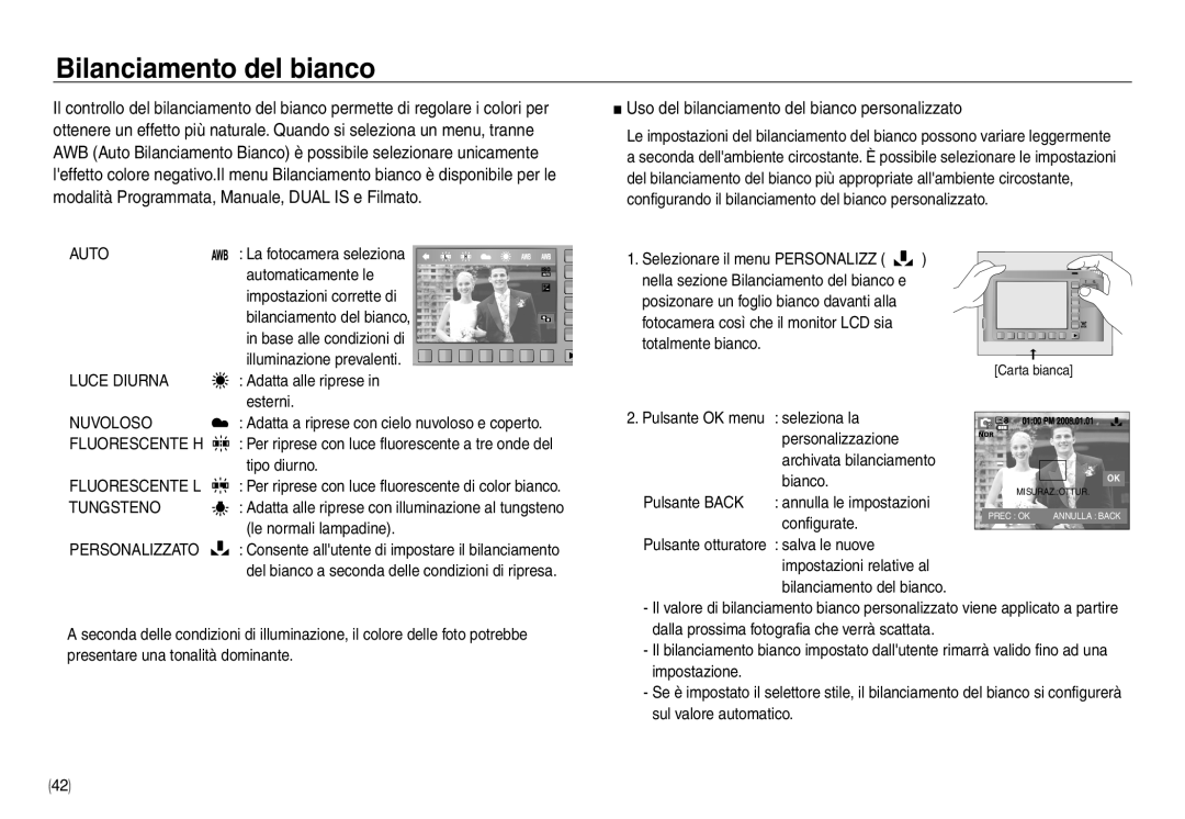 Samsung EC-NV40ZBBC/E1, EC-NV40ZSDA/E3 manual Bilanciamento del bianco, Uso del bilanciamento del bianco personalizzato 