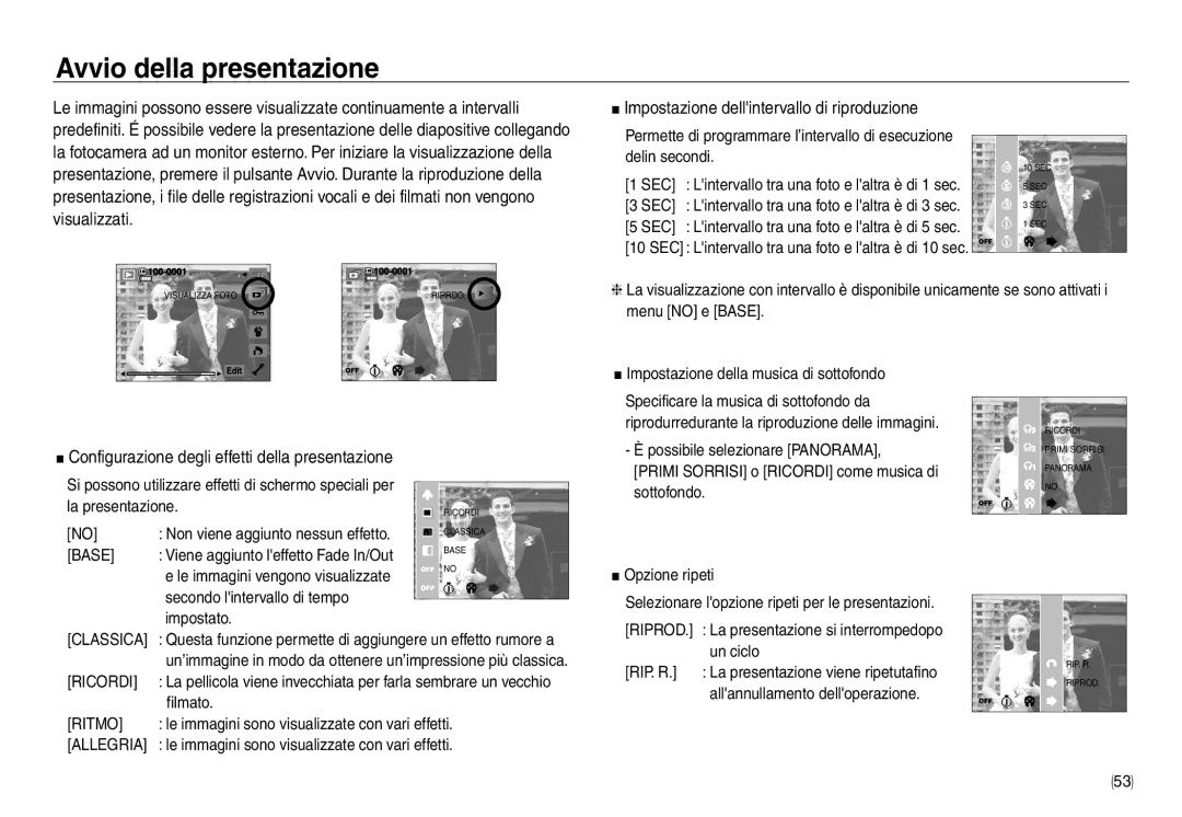 Samsung EC-NV40ZSBA/E1, EC-NV40ZSDA/E3 manual Avvio della presentazione, Impostazione dellintervallo di riproduzione 