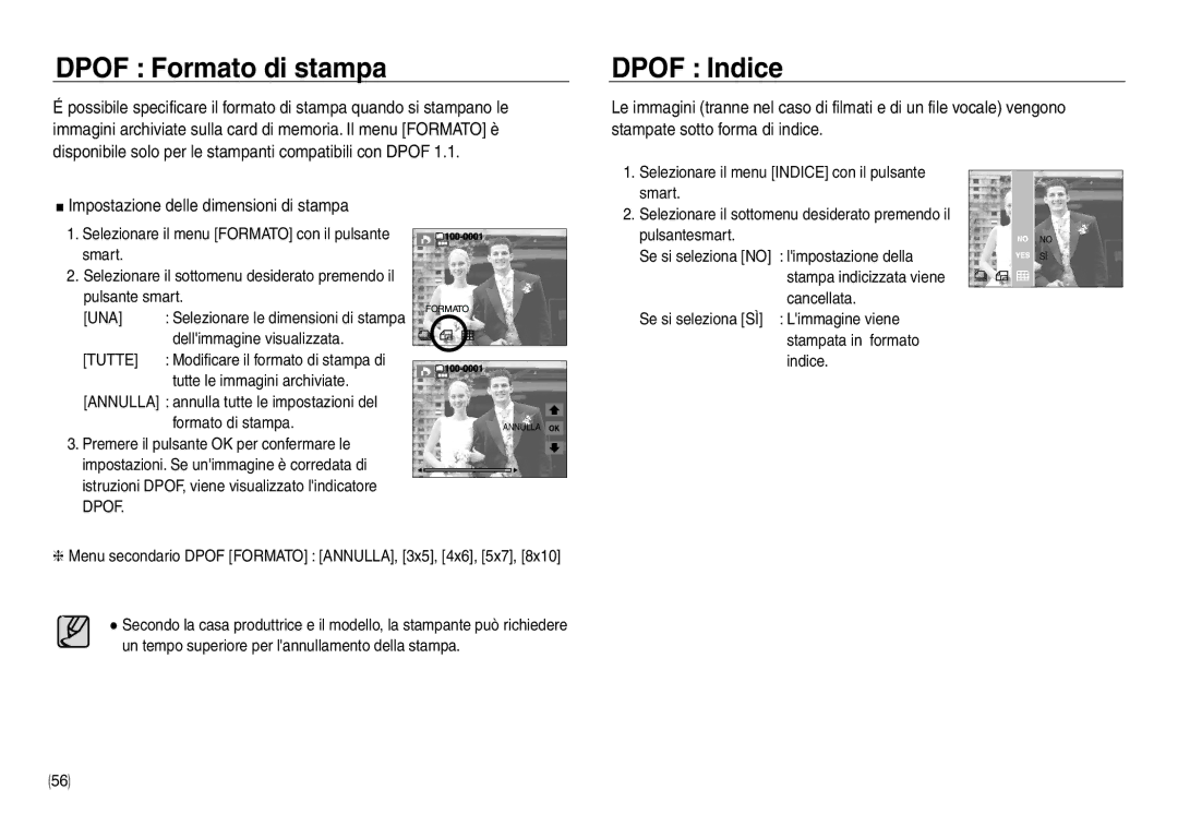 Samsung EC-NV40ZBBA/IT manual Dpof Formato di stampa, Dpof Indice, Dellimmagine visualizzata, Tutte le immagini archiviate 