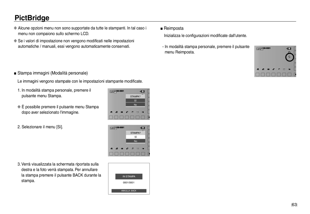 Samsung EC-NV40ZBBB/IT, EC-NV40ZSDA/E3, EC-NV40ZBDA/E3, EC-NV40ZBBA/E2 manual Stampa immagini Modalità personale, Reimposta 