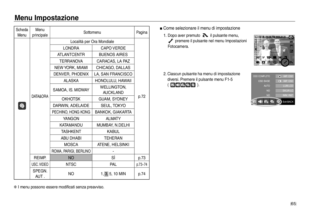 Samsung EC-NV40ZSBA/E1, EC-NV40ZSDA/E3, EC-NV40ZBDA/E3, EC-NV40ZBBA/E2, EC-NV40ZSBA/E2 manual Menu Sottomenu Pagina, 10 MIN 