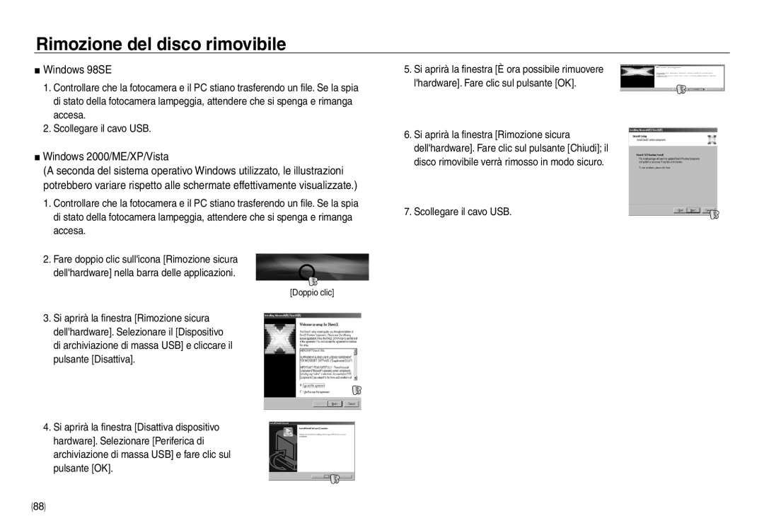 Samsung EC-NV40ZSBB/E1, EC-NV40ZSDA/E3 manual Rimozione del disco rimovibile, Windows 98SE, Windows 2000/ME/XP/Vista 