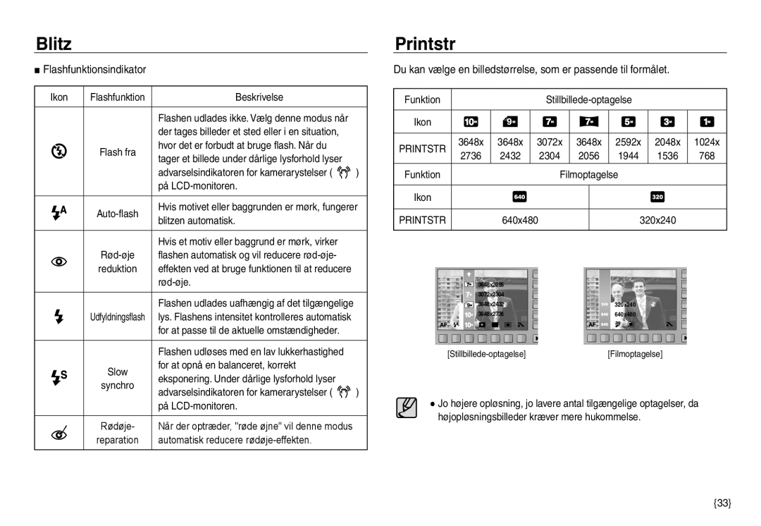 Samsung EC-NV40ZBBA/E2, EC-NV40ZSDA/E3, EC-NV40ZBDA/E3, EC-NV40ZSBA/E2 manual Printstr, Flashfunktionsindikator 