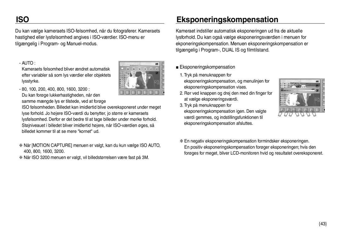 Samsung EC-NV40ZSDA/E3, EC-NV40ZBDA/E3, EC-NV40ZBBA/E2, EC-NV40ZSBA/E2 manual Eksponeringskompensation 