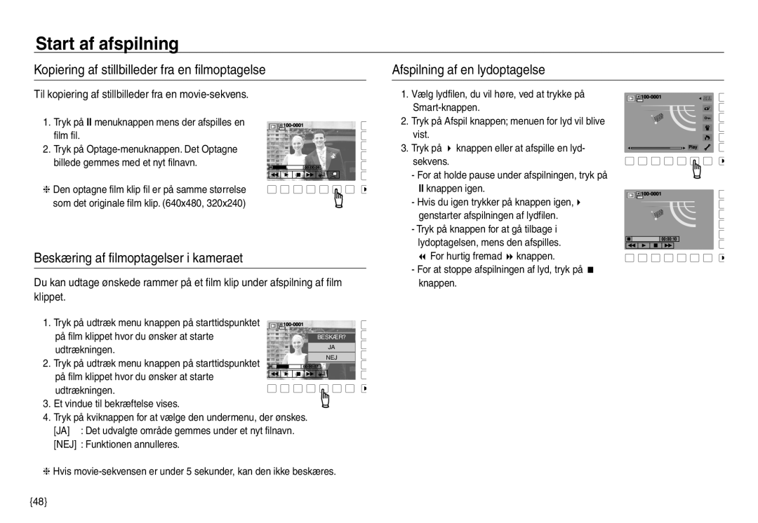 Samsung EC-NV40ZBDA/E3 manual Kopiering af stillbilleder fra en filmoptagelse, Beskæring af filmoptagelser i kameraet 