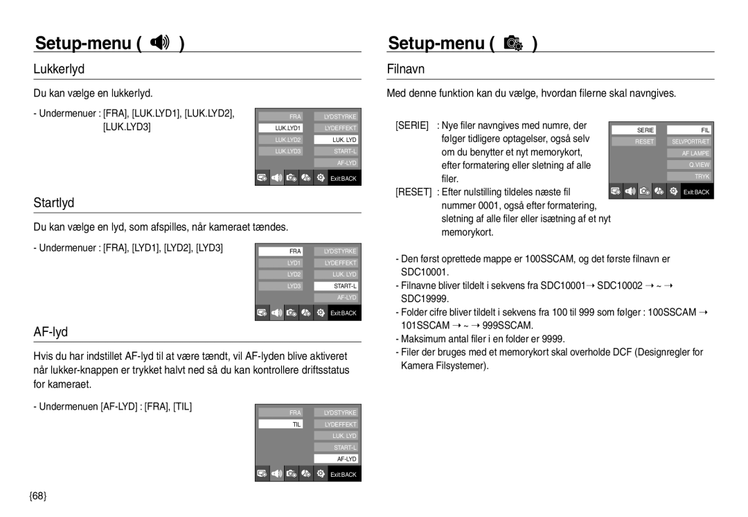 Samsung EC-NV40ZBDA/E3, EC-NV40ZSDA/E3, EC-NV40ZBBA/E2, EC-NV40ZSBA/E2 manual Lukkerlyd, Filnavn, Startlyd, AF-lyd 