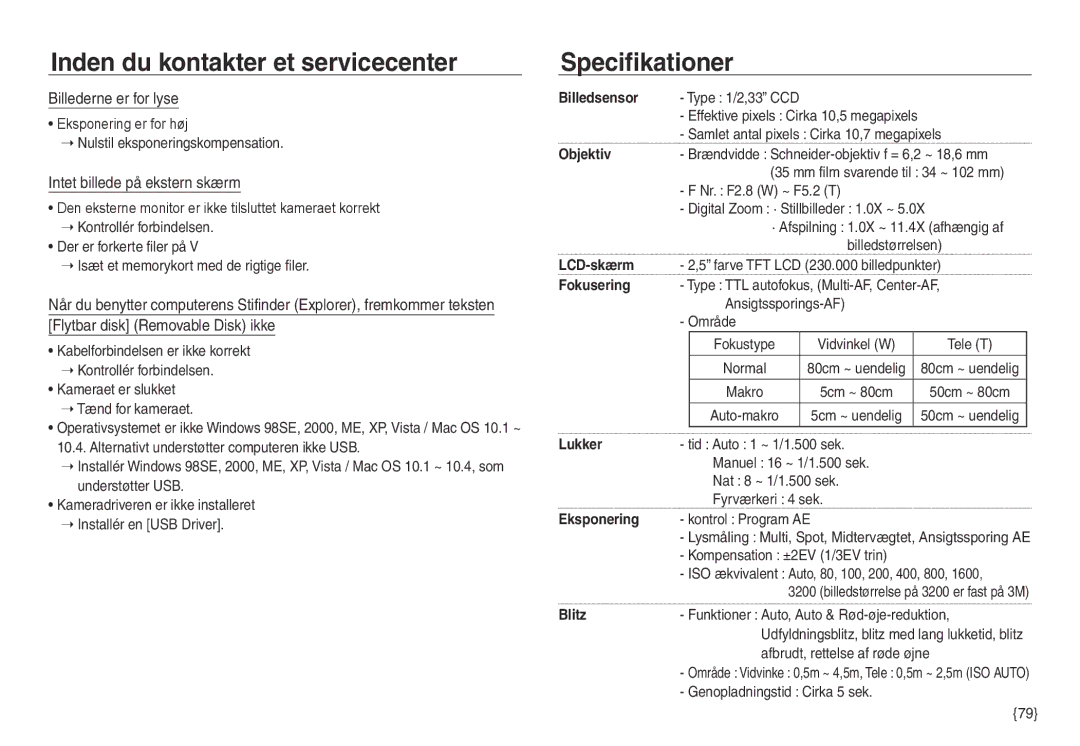 Samsung EC-NV40ZSDA/E3, EC-NV40ZBDA/E3 manual Specifikationer, Billederne er for lyse, Intet billede på ekstern skærm 