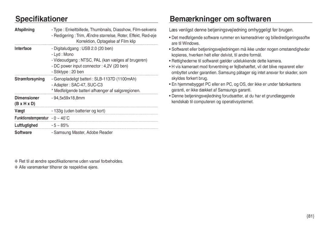 Samsung EC-NV40ZBBA/E2, EC-NV40ZSDA/E3, EC-NV40ZBDA/E3, EC-NV40ZSBA/E2 manual Bemærkninger om softwaren 