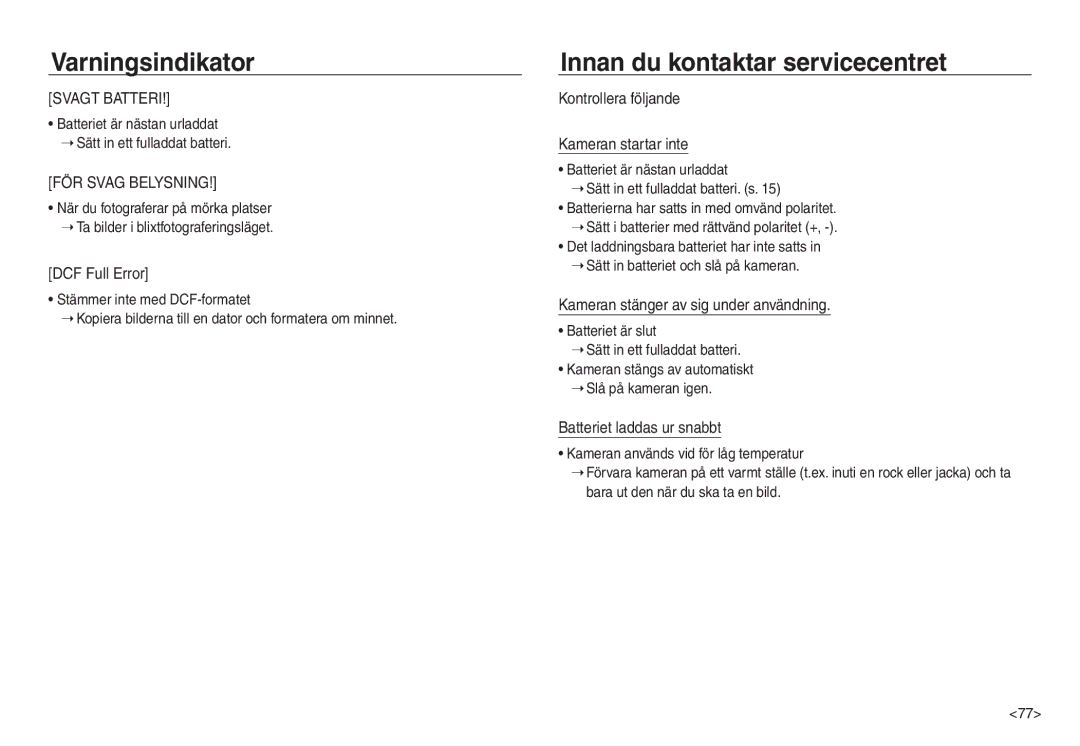 Samsung EC-NV40ZBBA/E2 manual Innan du kontaktar servicecentret, DCF Full Error, Kontrollera följande Kameran startar inte 