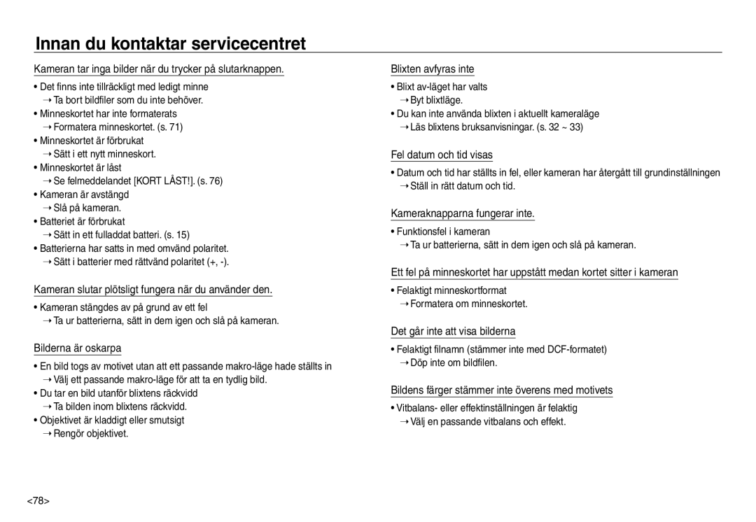 Samsung EC-NV40ZSBA/E2 Kameran tar inga bilder när du trycker på slutarknappen, Bilderna är oskarpa, Blixten avfyras inte 