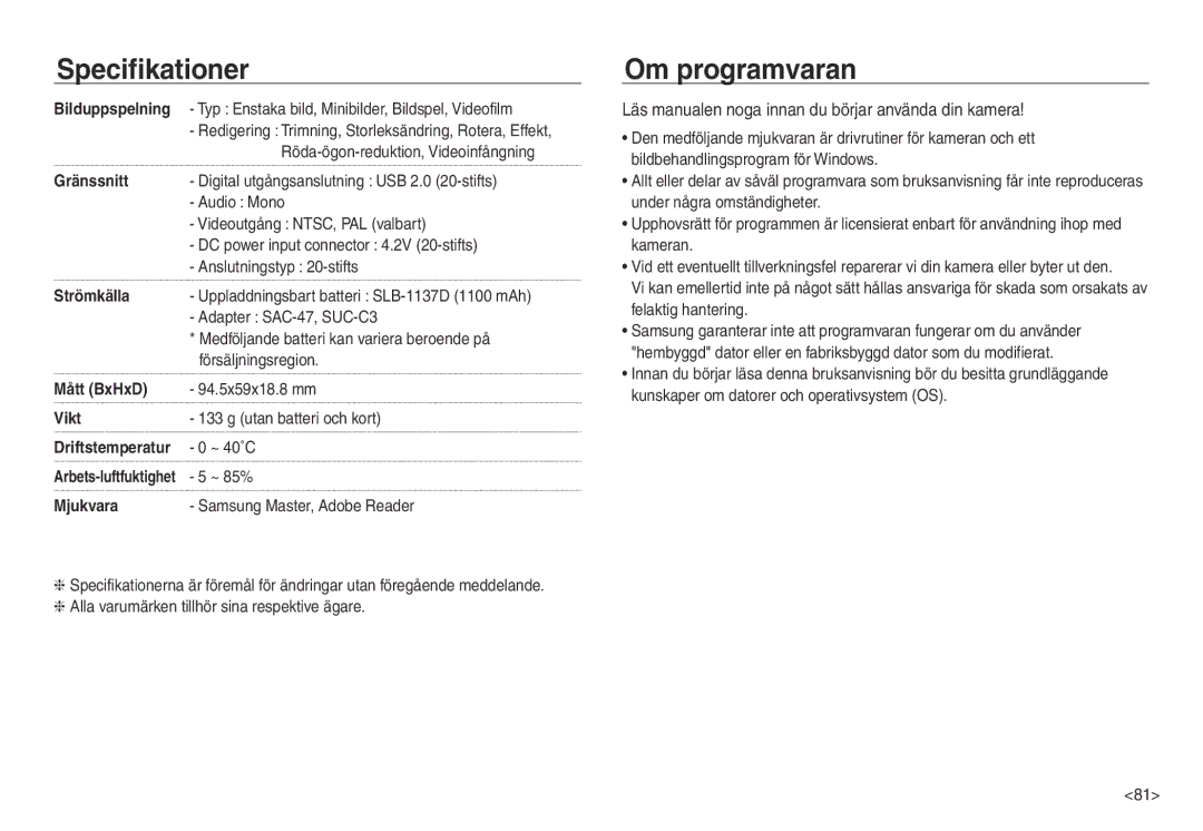 Samsung EC-NV40ZBBA/E2, EC-NV40ZSDA/E3 Om programvaran, Läs manualen noga innan du börjar använda din kamera 