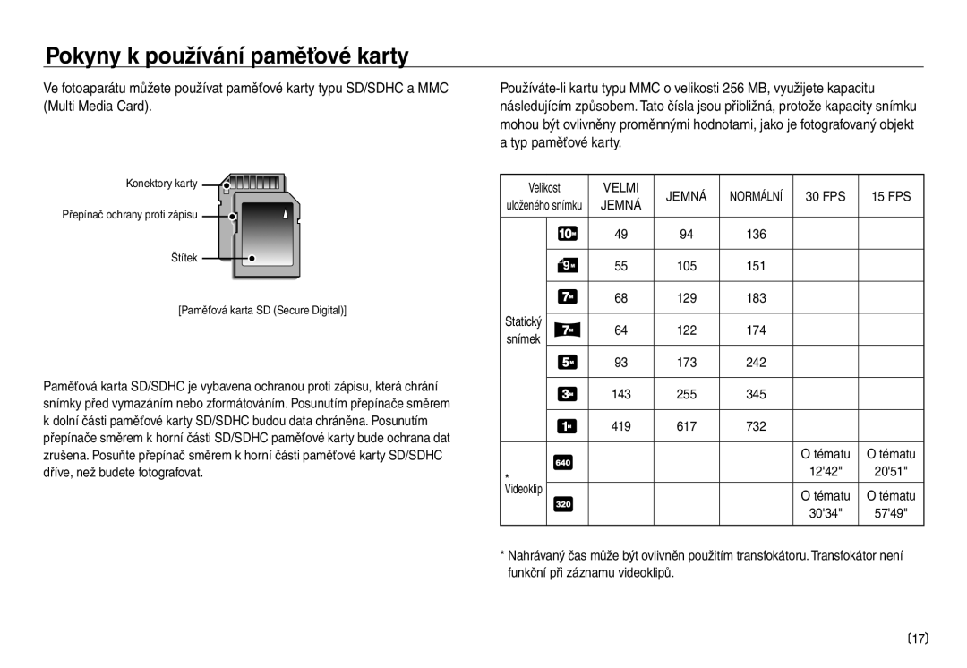 Samsung EC-NV40ZSDA/E3, EC-NV40ZBDA/E3 manual Velikost, Jemná, Statický, Funkční při záznamu videoklipů 