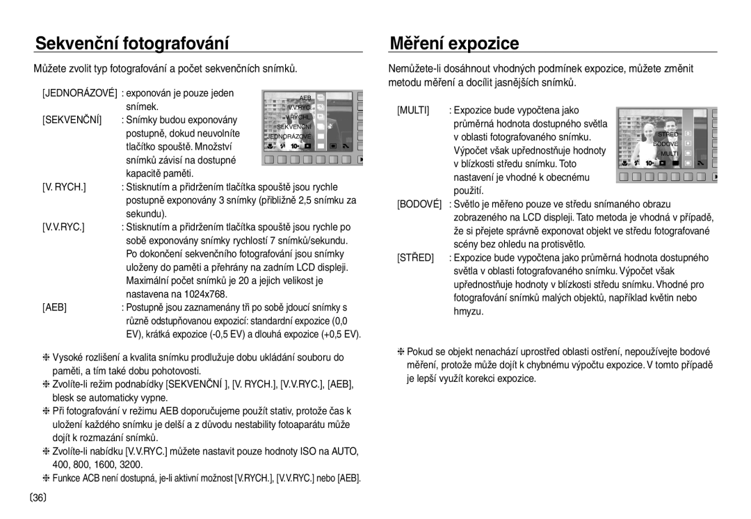 Samsung EC-NV40ZBDA/E3, EC-NV40ZSDA/E3 manual Sekvenční fotografování, Měření expozice 