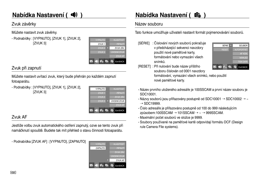 Samsung EC-NV40ZBDA/E3 manual Zvuk závěrky, Název souboru, Zvuk při zapnutí, Zvuk AF, Můžete nastavit zvuk závěrky 