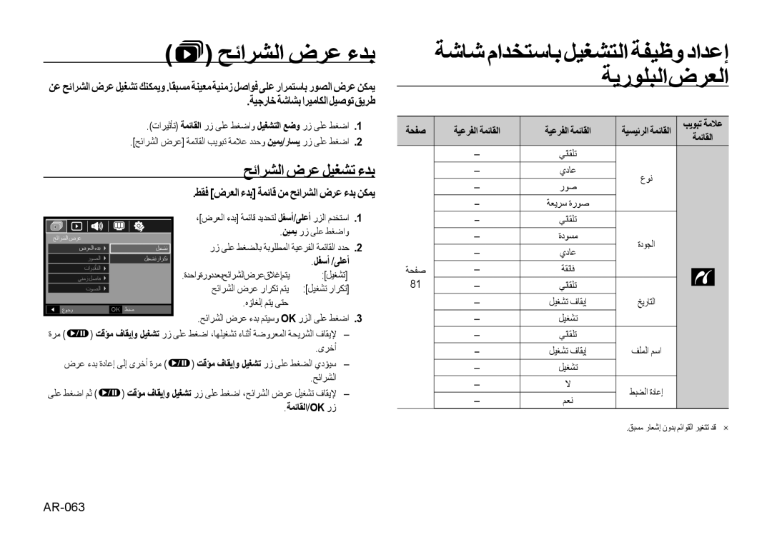 Samsung EC-NV4ZZPBA/CA manual ﺢﺋاﺮﺸﻟا ضﺮﻋ ءﺪﺑ, ﺔﺷﺎﺷ ماﺪﺨﺘﺳﺎﺑ ﻞﻴﻐﺸﺘﻟا ﺔﻔﻴﻇو داﺪﻋإ ﺔﻳرﻮﻠﺒﻟاضﺮﻌﻟا, ﺢﺋاﺮﺸﻟا ضﺮﻋ ﻞﻴﻐﺸﺗ ءﺪﺑ 