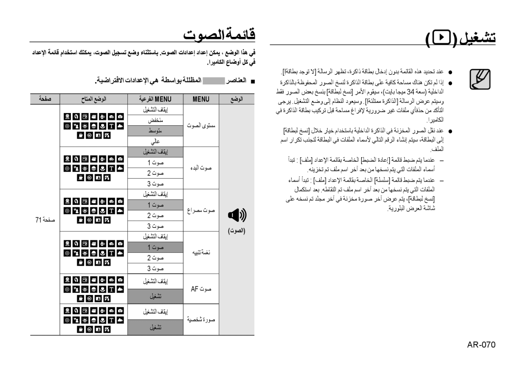 Samsung EC-NV4ZZBDA/HK, EC-NV4ZZPBA/FR, EC-NV4ZZSBA/E3 تﻮﺼﻟاﺔﻤﺋﺎﻗ ﻞﻴﻐﺸﺗ, اﺮﻴﻣﺎﻜﻟا عﺎﺿوأ ﻞﻛ ﻲﻓ, حﺎﺘﻤﻟا ﻊﺿﻮﻟا ﺔﻴﻋﺮﻔﻟا Menu 