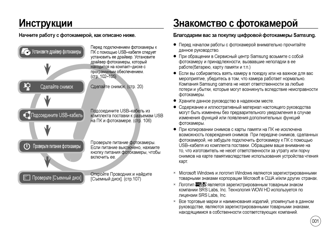 Samsung EC-NV4ZZPBA/E3, EC-NV4ZZSAA Инструкции, Знакомство с фотокамерой, Начните работу с фотокамерой, как описано ниже 