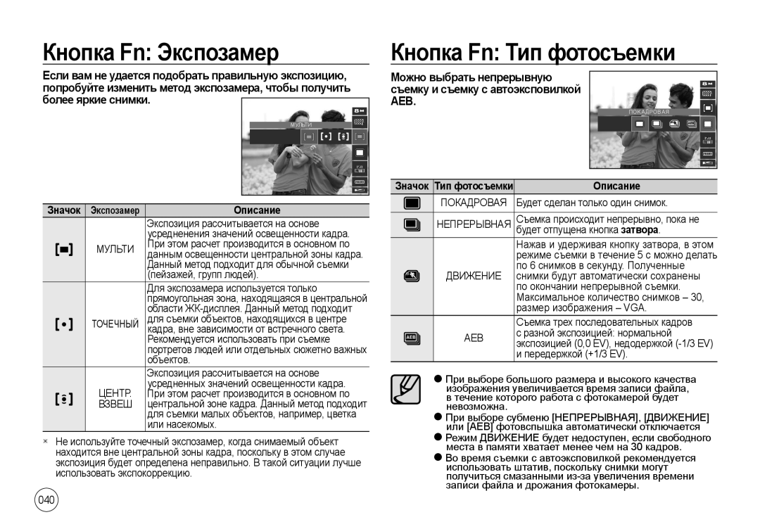 Samsung EC-NV4ZZPBB/AS, EC-NV4ZZPBA/FR, EC-NV4ZZSBA/E3, EC-NV4ZZPBA/E3 Кнопка Fn Экспозамер, Кнопка Fn Тип фотосъемки, Aeb 