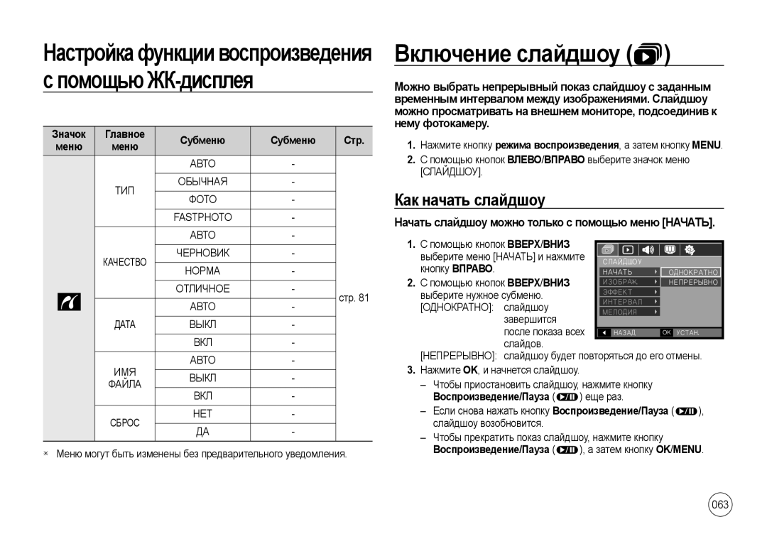 Samsung EC-NV4ZZPBA/CA manual Включение слайдшоу, Настройкафункциивоспроизведения спомощьюЖК-дисплея, Как начать слайдшоу 