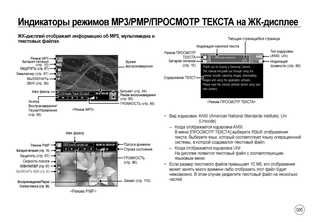 Samsung EC-NV4ZZBBC/DE, EC-NV4ZZPBA/FR, EC-NV4ZZSBA/E3, EC-NV4ZZSAA Индикаторы режимов MP3/PMP/ПРОСМОТР Текста на ЖК-дисплее 