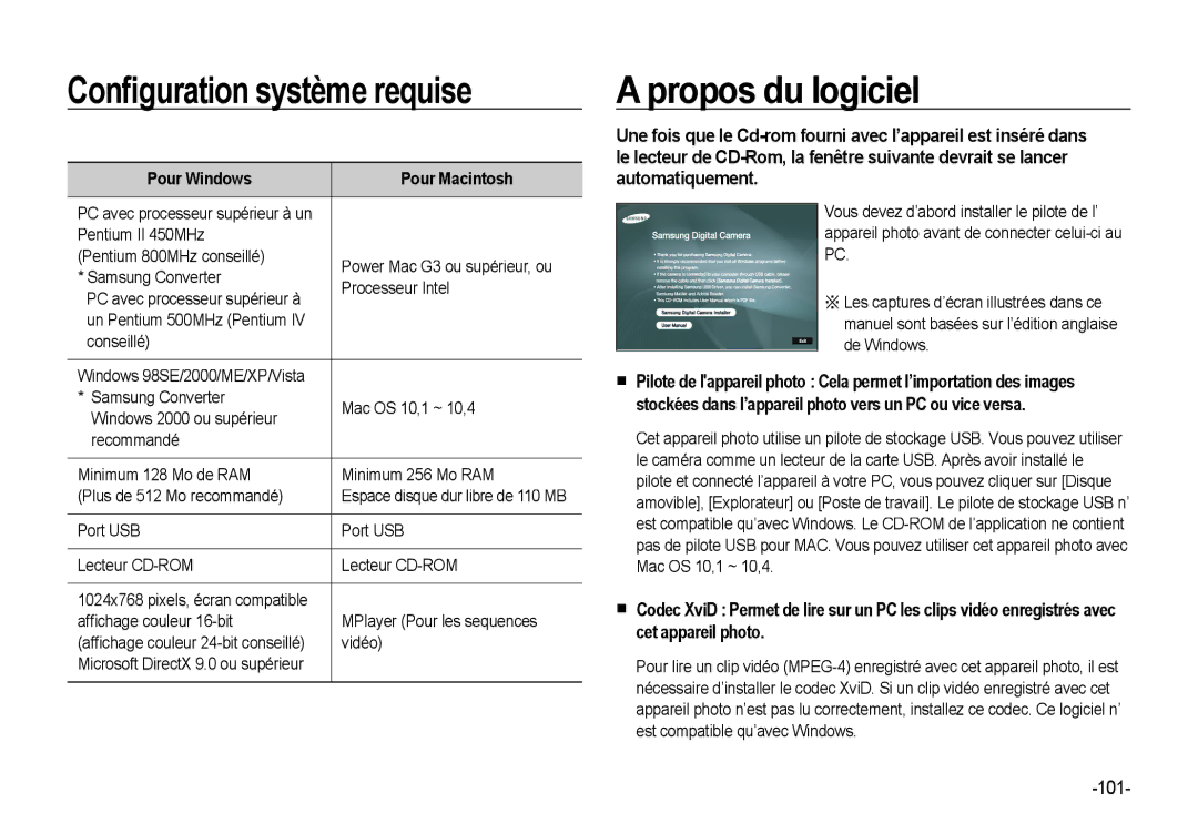 Samsung EC-NV4ZZBBA/FR manual Conﬁguration système requise Propos du logiciel, Pour Windows, Port USB Lecteur CD-ROM 