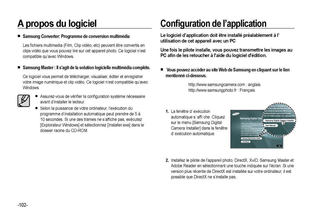 Samsung EC-NV4ZZTBB/FR manual Conﬁguration de l’application,  Samsung Converter Programme de conversion multimédia 