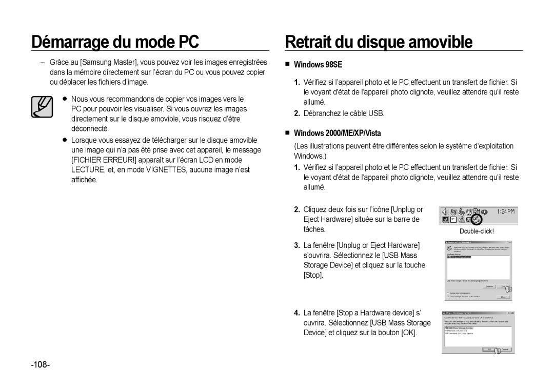 Samsung EC-NV4ZZSBA/E3, EC-NV4ZZPBA/FR manual Retrait du disque amovible,  Windows 98SE,  Windows 2000/ME/XP/Vista 