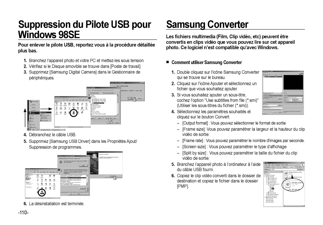 Samsung EC-NV4ZZBBA/FR, EC-NV4ZZPBA/FR, EC-NV4ZZSBA/E3 manual Suppression du Pilote USB pour Windows 98SE, Samsung Converter 