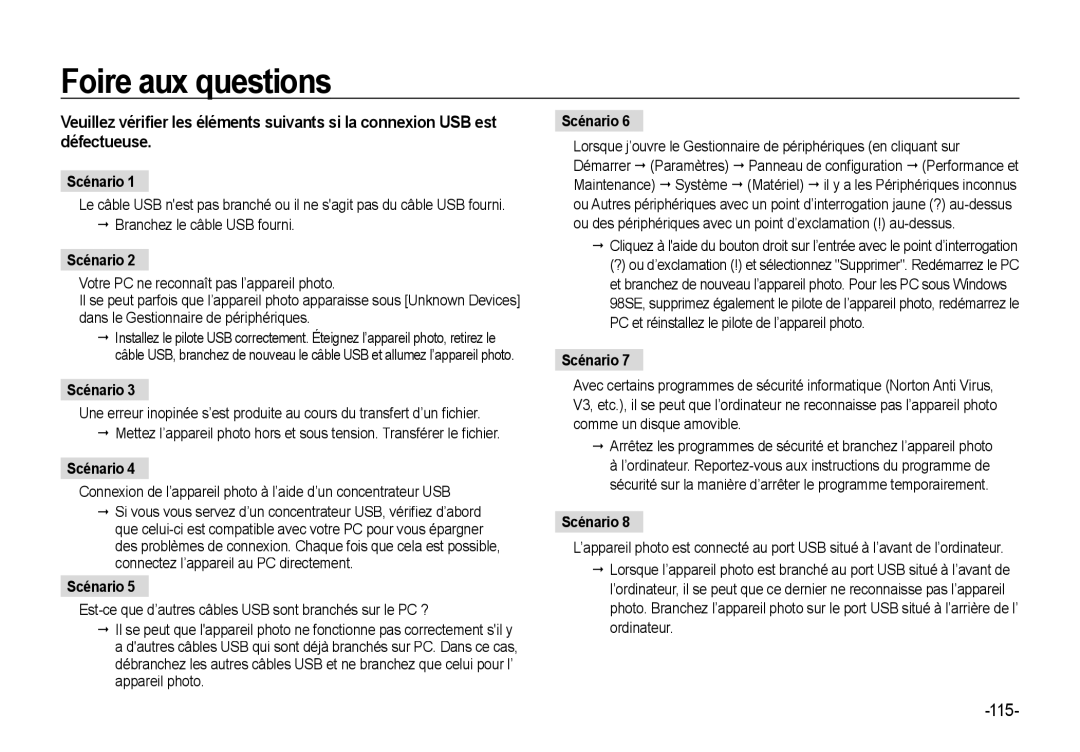 Samsung EC-NV4ZZBBA/E2, EC-NV4ZZPBA/FR, EC-NV4ZZSBA/E3, EC-NV4ZZPBA/E3, EC-NV4ZZBBA/FR manual Foire aux questions, Scénario 