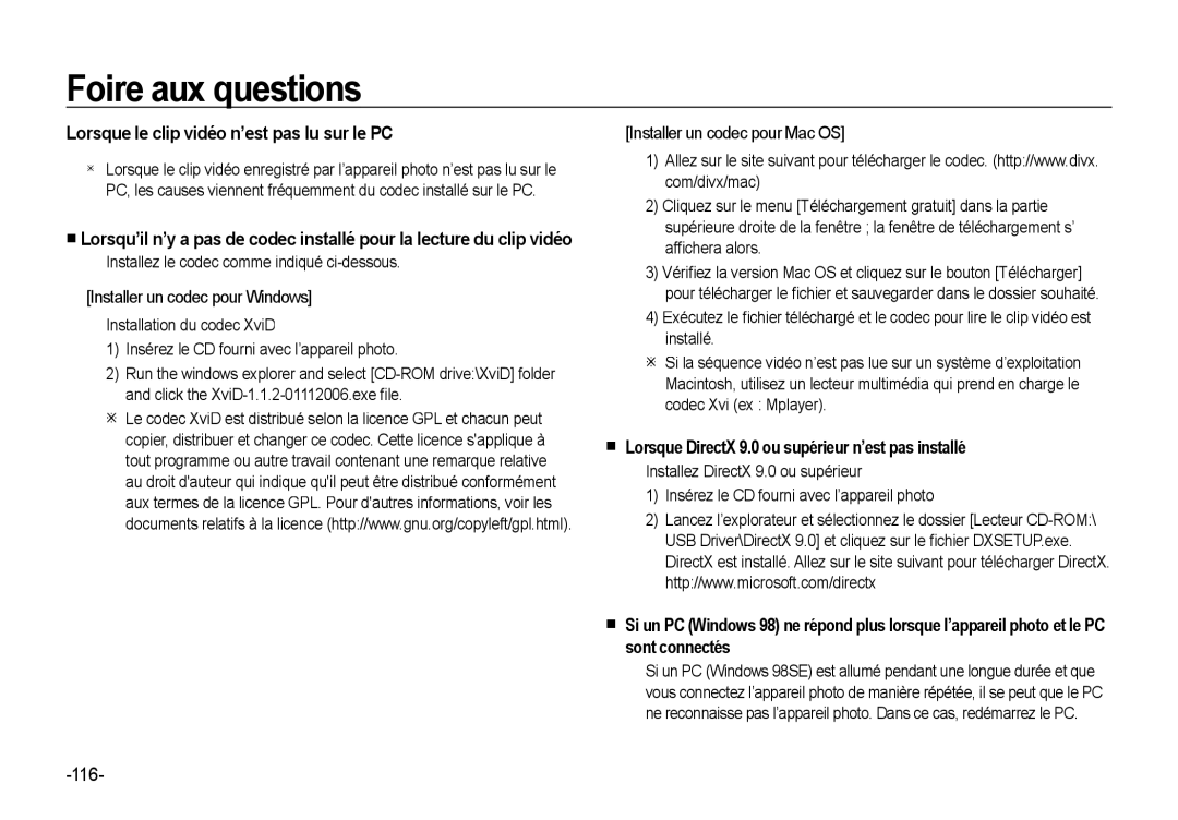 Samsung EC-NV4ZZPBA/FR Lorsque le clip vidéo n’est pas lu sur le PC,  Lorsque DirectX 9.0 ou supérieur n’est pas installé 