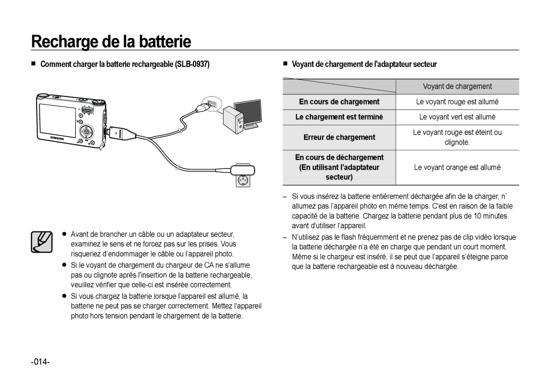 Samsung EC-NV4ZZBBA/E3  Comment charger la batterie rechargeable SLB-0937,  Voyant de chargement de ladaptateur secteur 