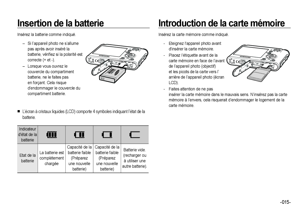 Samsung EC-NV4ZZSBA/FR manual Insertion de la batterie, Introduction de la carte mémoire, Indicateur détat de la batterie 