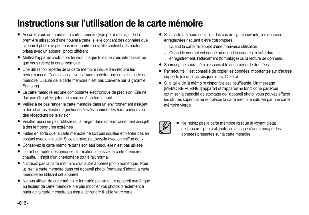 Samsung EC-NV4ZZBBA/E2, EC-NV4ZZPBA/FR manual Instructions sur l’utilisation de la carte mémoire, Des températures extrêmes 