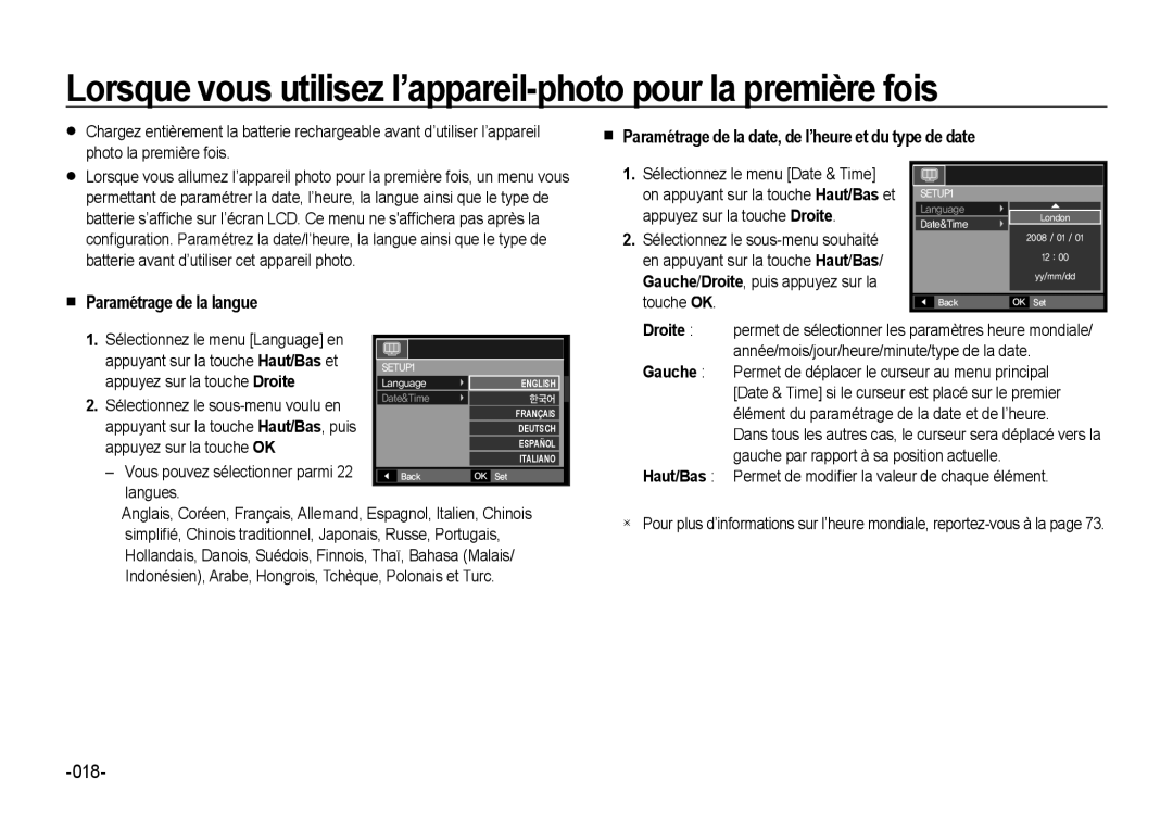 Samsung EC-NV4ZZSBA/E3 Sélectionnez le menu Date & Time, Appuyez sur la touche Droite, Sélectionnez le sous-menu souhaité 