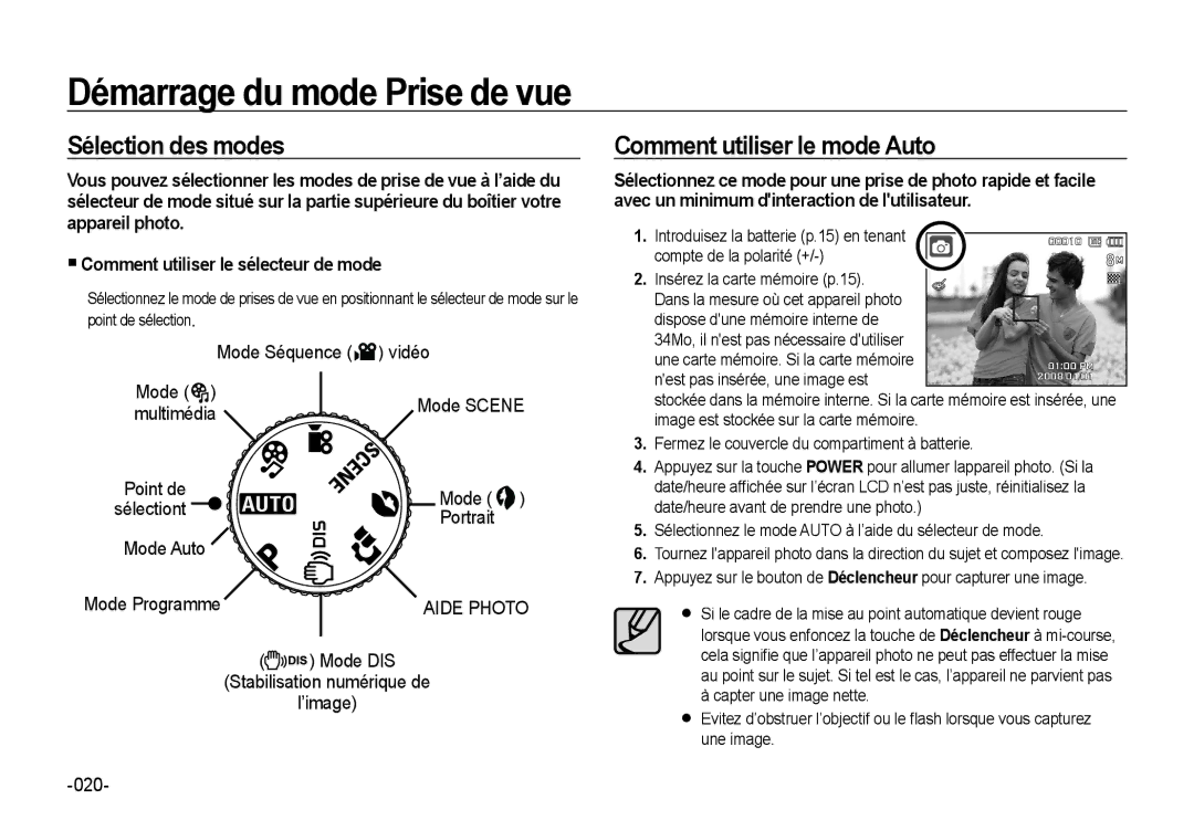 Samsung EC-NV4ZZBBA/FR Démarrage du mode Prise de vue, Sélection des modes, Comment utiliser le mode Auto, Mode Programme 