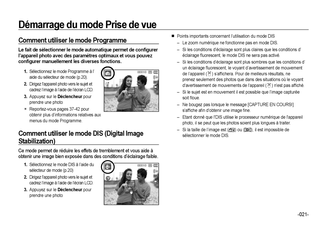 Samsung EC-NV4ZZTBB/FR manual Comment utiliser le mode Programme, Comment utiliser le mode DIS Digital Image Stabilization 