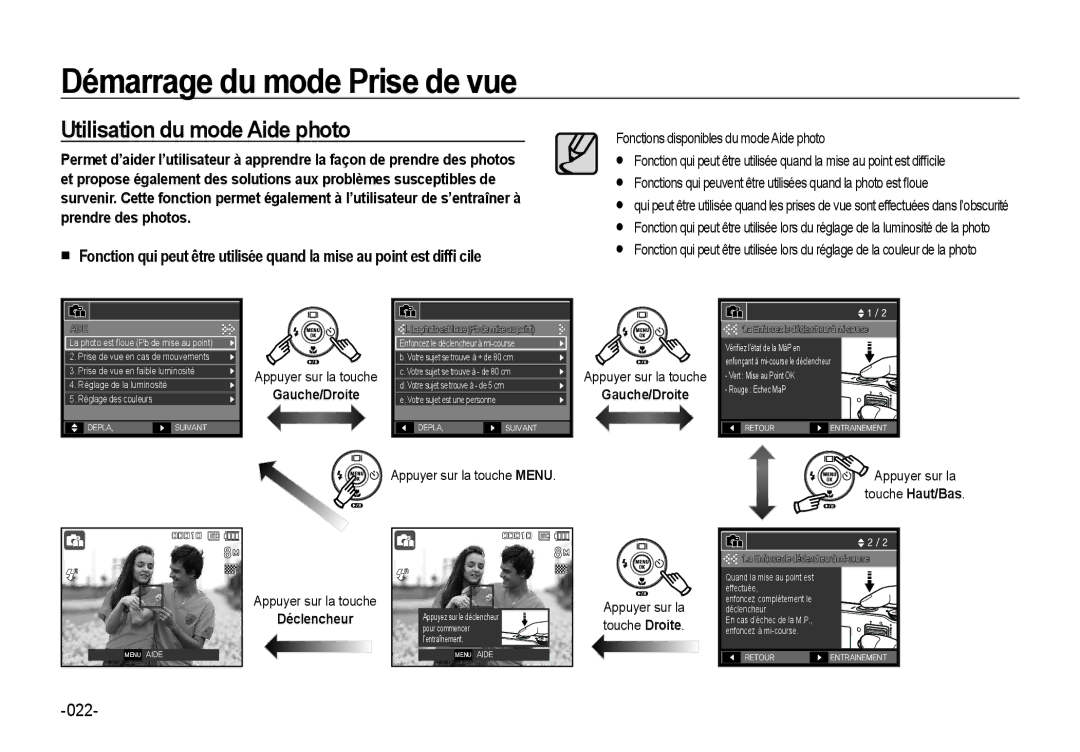 Samsung EC-NV4ZZTBB/E3, EC-NV4ZZPBA/FR manual Utilisation du mode Aide photo, Gauche/Droite, Appuyer sur la, Touche Haut/Bas 