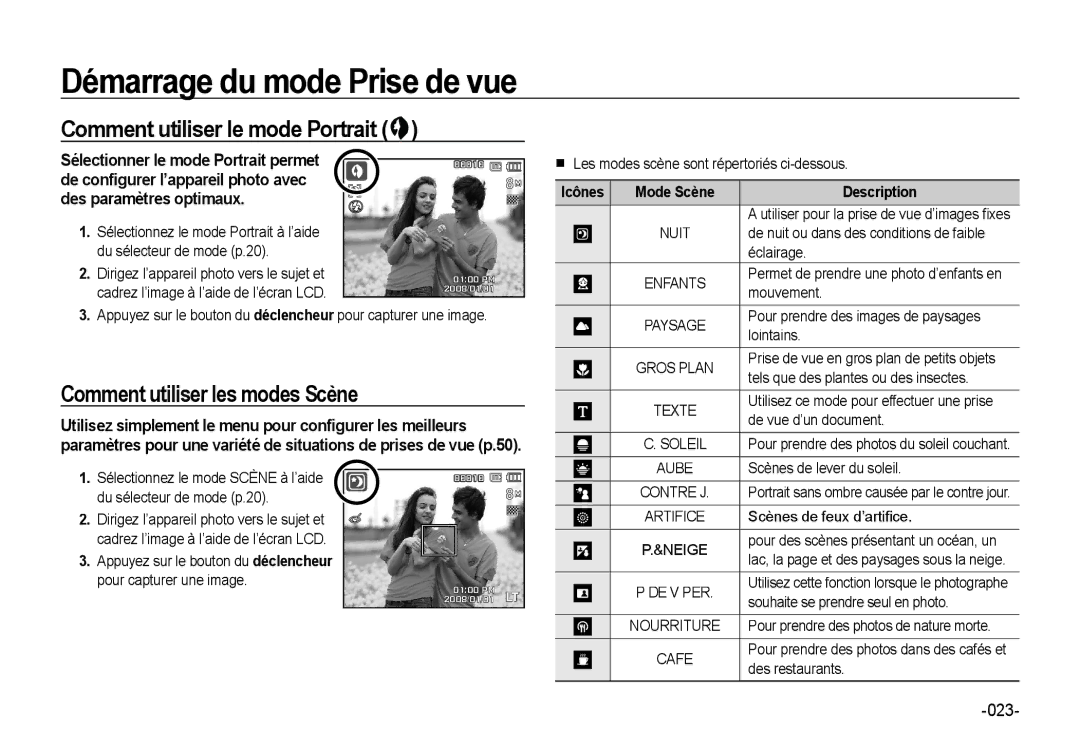 Samsung EC-NV4ZZBBA/E3, EC-NV4ZZPBA/FR manual Comment utiliser le mode Portrait, Comment utiliser les modes Scène, Texte 