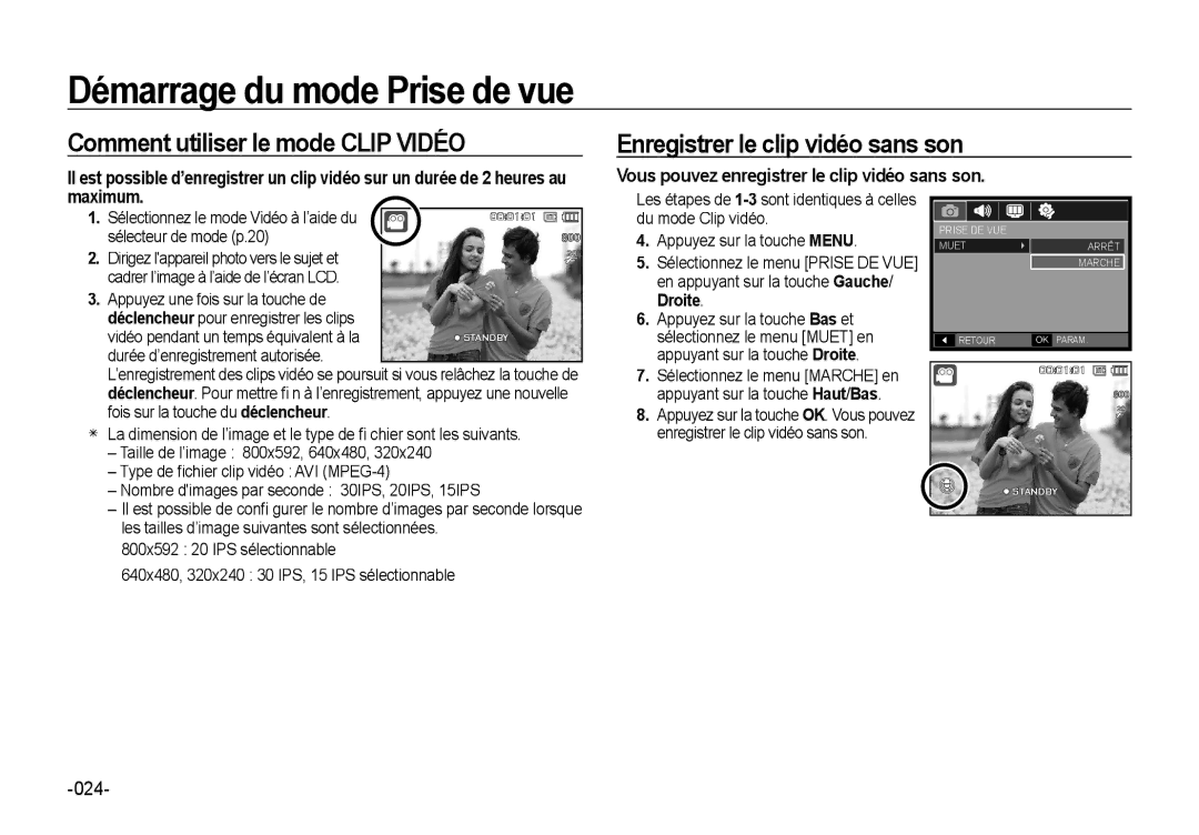 Samsung EC-NV4ZZSBA/FR, EC-NV4ZZPBA/FR Comment utiliser le mode Clip Vidéo, Enregistrer le clip vidéo sans son, Droite 