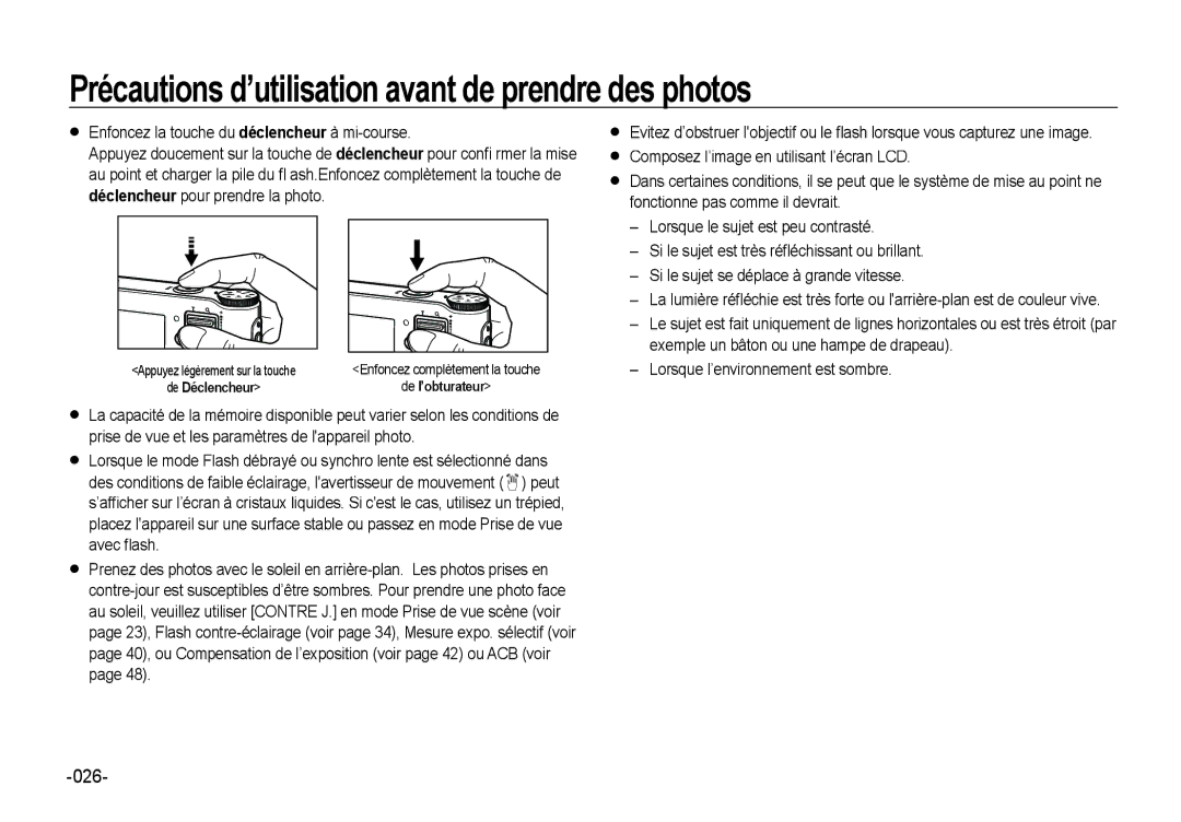 Samsung EC-NV4ZZPBA/FR, EC-NV4ZZSBA/E3, EC-NV4ZZPBA/E3, EC-NV4ZZBBA/FR Précautions d’utilisation avant de prendre des photos 