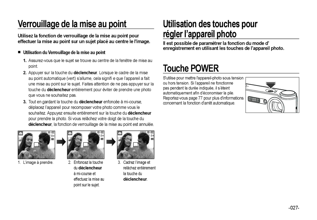 Samsung EC-NV4ZZSBA/E3, EC-NV4ZZPBA/FR, EC-NV4ZZPBA/E3 Touche Power,  Utilisation du Verrouillage de la mise au point 