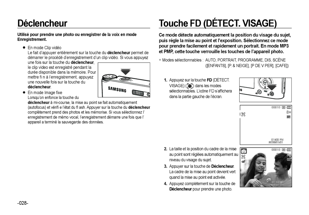 Samsung EC-NV4ZZPBA/E3, EC-NV4ZZPBA/FR, EC-NV4ZZSBA/E3 manual Déclencheur, Touche FD DÉTECT. Visage,  En mode Clip vidéo 